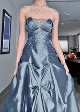 Vintage Ball Gown Strapless Blue Satin Taffeta 90s Prom Dresses Inspiration Party Dress Princess Graduation Dress AB1726