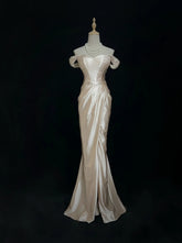 Vintage 90s Prom Dresses Mermaid Off The Shoulder Champagne Satin Long Prom Gown N3010