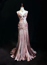 Vintage Prom Dresses 80s Mermaid Halter Pink Satin With Ruffled Long Evening Outfits N3452