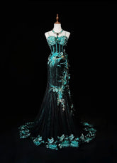 Vintage Prom Dresses Inspo Mermaid Spaghetti Strap Black Tulle Blue Lace With Beading For Women Formal Dress N3216