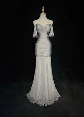 Modest Prom Dresses Mermaid Off The Shoulder Gray Chiffon With Sleeves Formal Evening Dress N3847