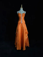 Vintage Prom Aesthetic Dresses A Line Spaghetti Strap Orange Satin With Beading Long Formal Dance Dress N3007