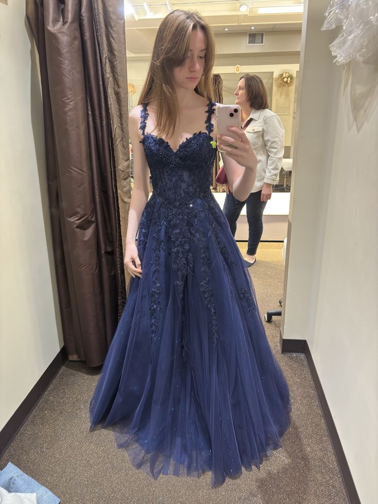 Glitter A Line Spaghetti Straps Navy Blue Tulle Inspo Formal Party Gowns Long Prom Dresses AB1744