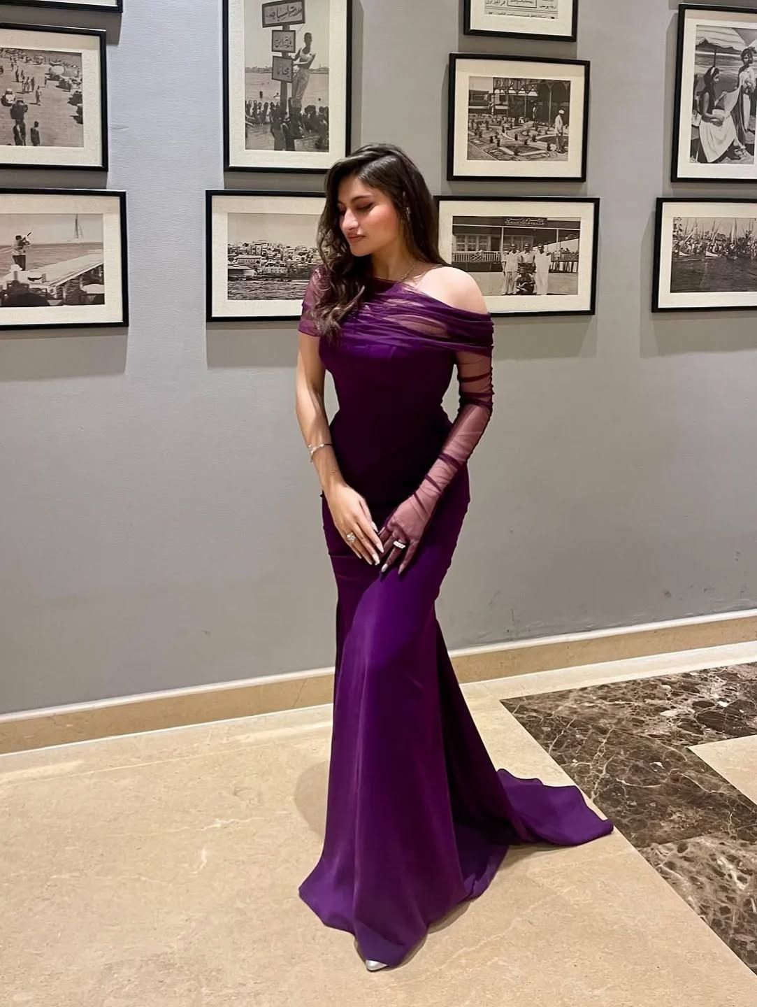 Women's Cocktail Party Gowns Mermaid One Shoulder With Pleated Ruched Purple Long Sleeve Graduation Dinner Outfits Prom Dresses AB1878