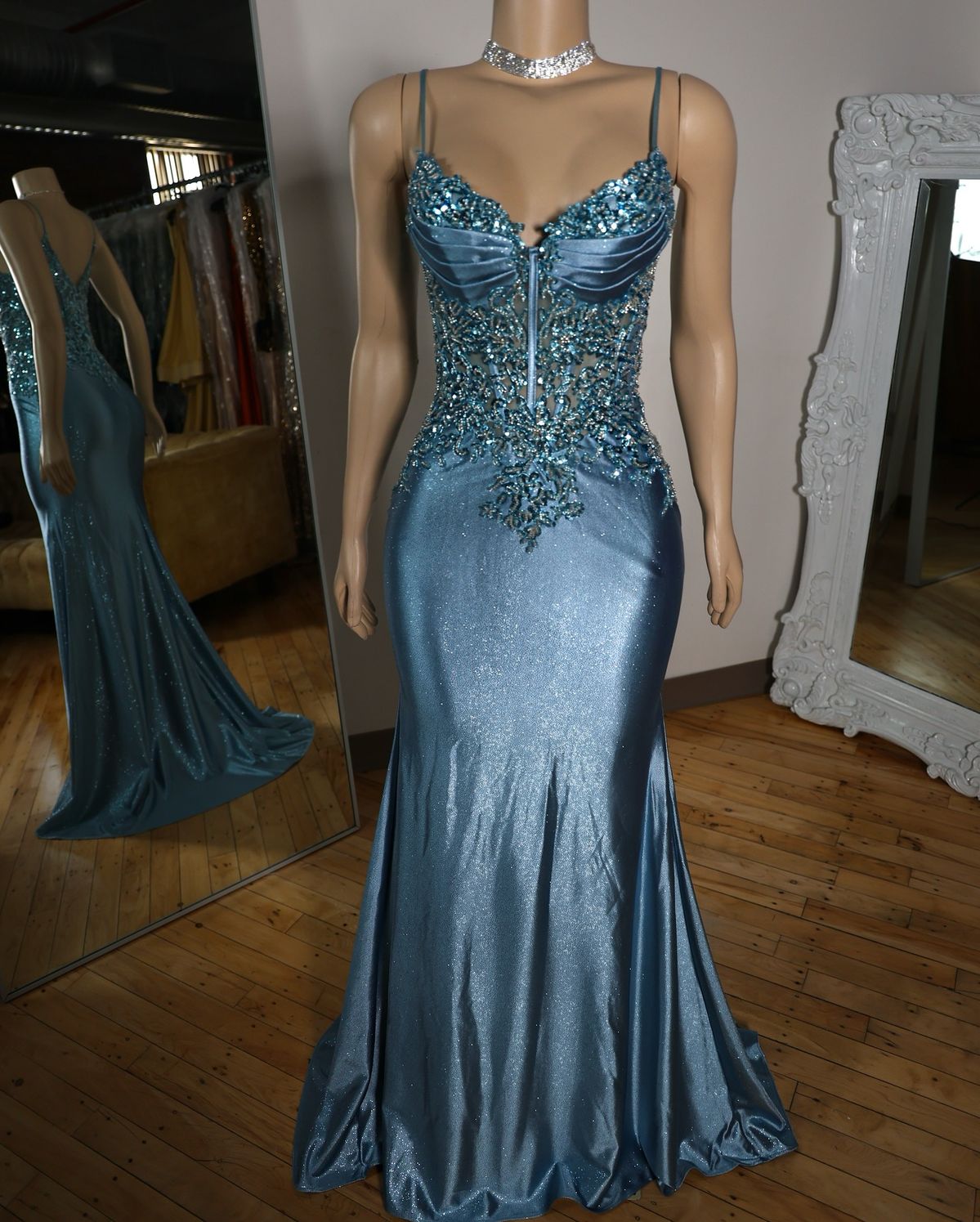 Blue Mermaid Spaghetti Straps Satin Long Appliques Sequin Prom Dress AB1695