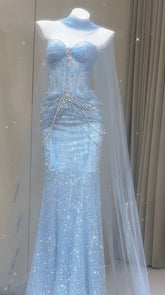 Blue Mermaid Prom Dress Aesthetic Sweetheart Tulle Long Formal Evening Dresses AB1664