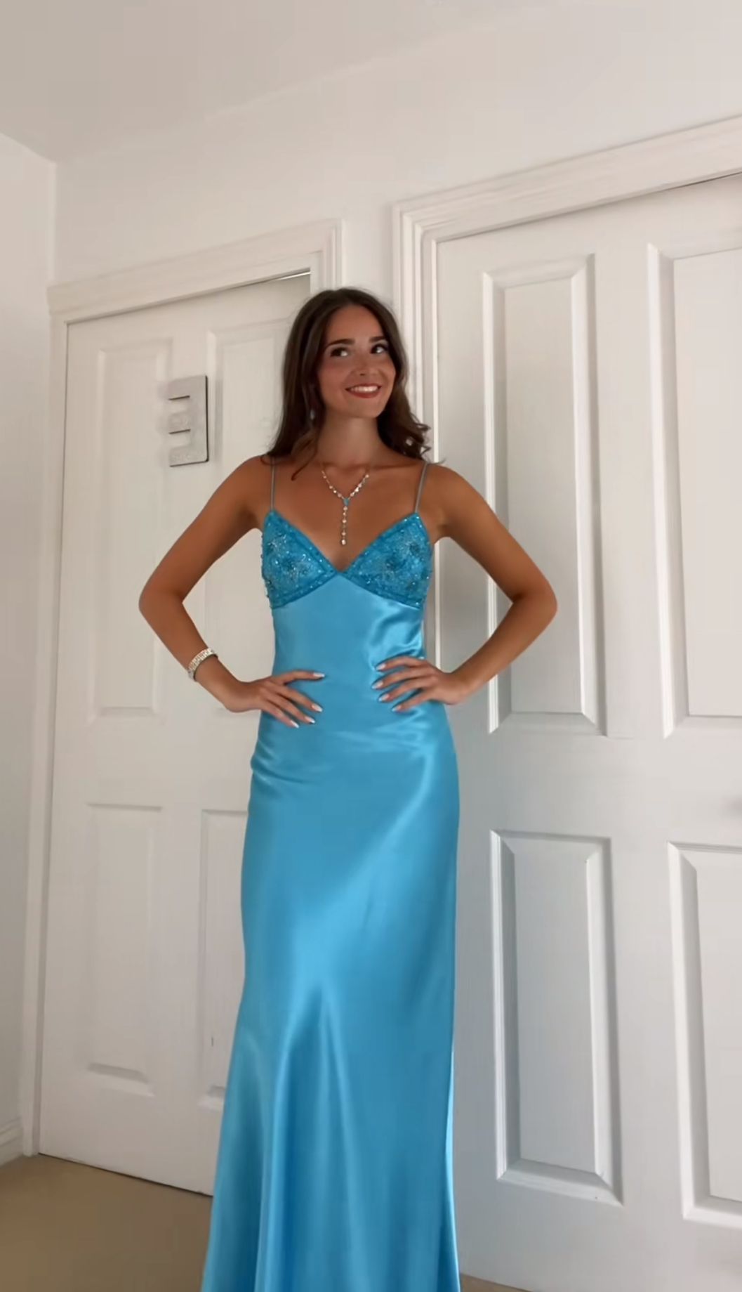 Mermaid Spaghetti Strap Blue Satin With Beading Formal Dress 18th Birthday Prom Dresses N2796