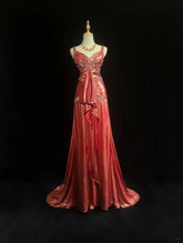 Classy A line Straps Coral With Beading Folds Sleeveless Long Formal Dress Gown With Cape Prom Dresses N2448