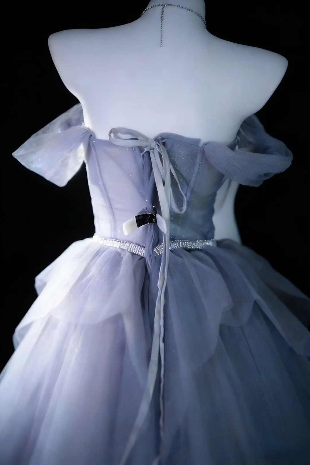 Modest Prom Dresses Ball Gown Off The Shoulder Dusty Blue Tulle With Sleeves Long Quince Dress N2970