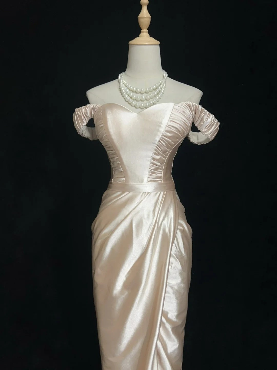Vintage 90s Prom Dresses Mermaid Off The Shoulder Champagne Satin Long Prom Gown N3010
