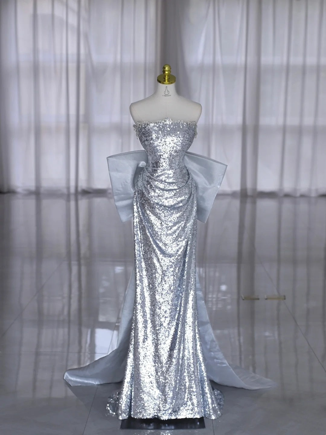 Chic Prom Dresses Mermaid Strapless Silver Gray Sequined With Folded Long Formal Gown N2940