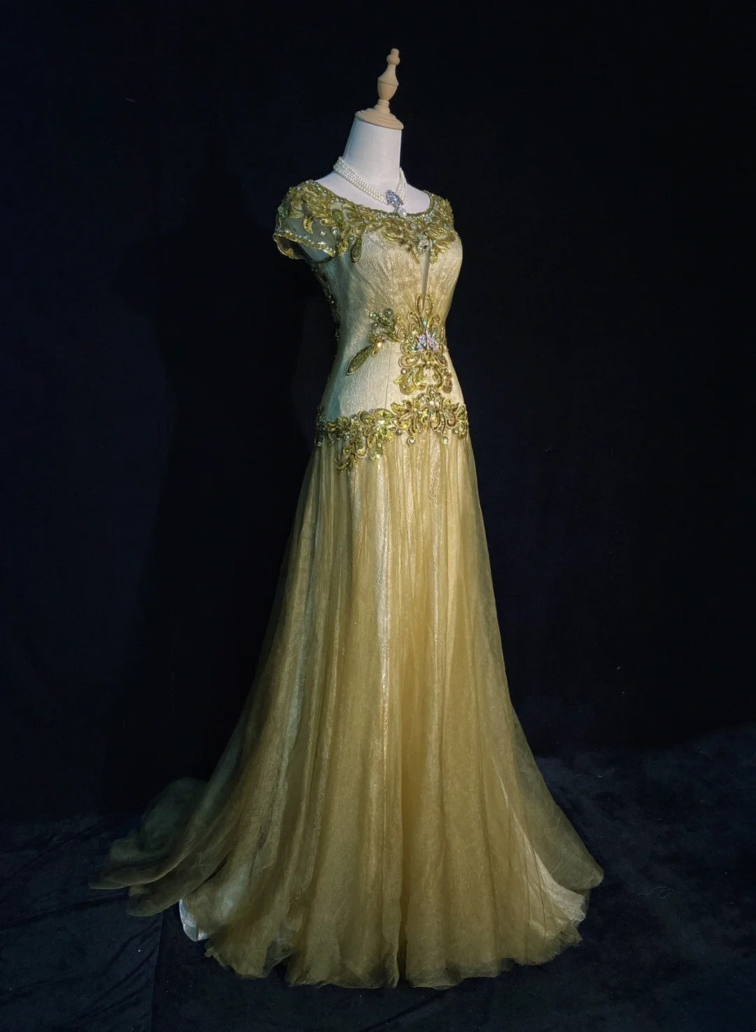 Vintage Prom Dresses 90s Mermaid Jewel Neck Gold Tulle With Beading Long Semi Formal Evening Dress N3674
