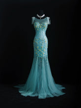 Vintage Prom Dresses 90s Formal Mermaid Scoop Neck Blue Tulle Long Party Gowns Prom Dresses AS010