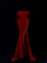 Classic 1950s Formal Mermaid Off The Shoulder Burgundy Velvet With Beads Bow-knot Style Impress Long Prom Dresses Party Gowns SA043