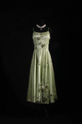 Vintage A line Spaghetti Strap Sage Green Tulle Tea Length Party Dress With Beads 1950s Retro Classy Birthday Dinner Prom Dresses AS093
