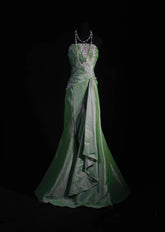 Vintage 50s 1950s Formal Mermaid Strapless Green Taffeta Pleated With Lace Appliques Sleeveless Long Prom Dresses Party Formal Gowns AS127