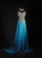 Chic A line Spaghetti Straps Chiffon Blue With Gold Beads Sequins Long Formal Fancy Prom Dresses Dinner Outfits Party Gowns For Teens AB2185