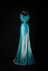 Vintage Mermaid Halter Blue Satin With Beads Long Formal Fancy Prom Dresses Night Outfits Party Gowns For Teens AS189