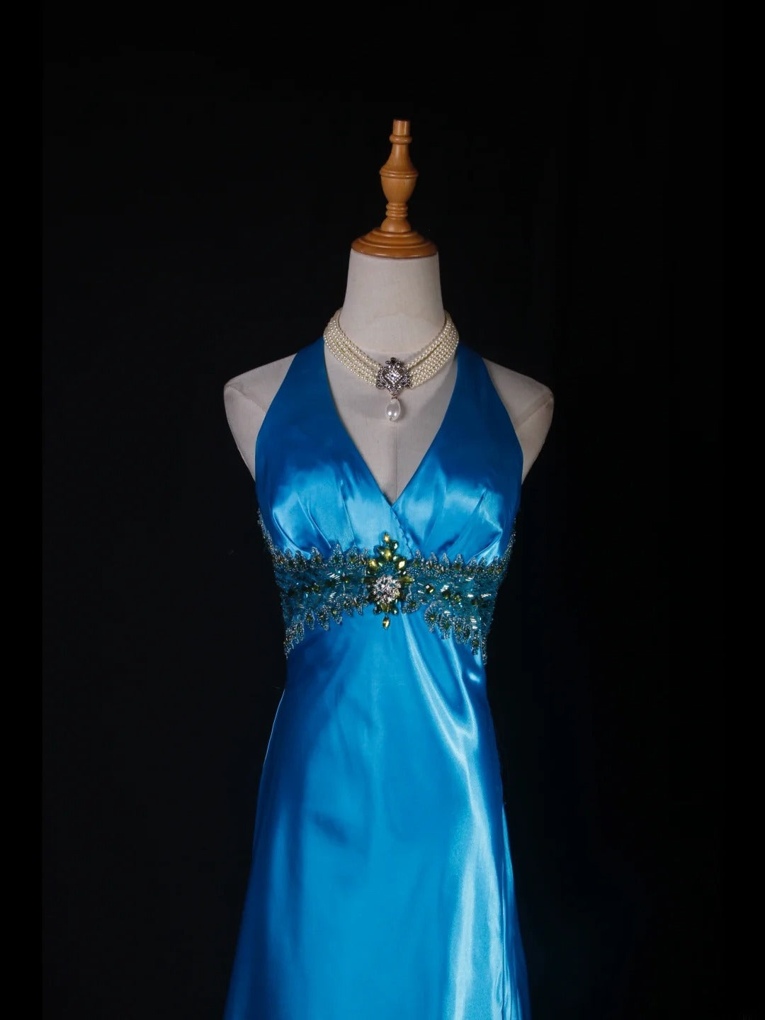 Vintage A line Halter Blue Satin Long Formal Old 1950s Prom Dresses Night Outfits Party Gowns AS230