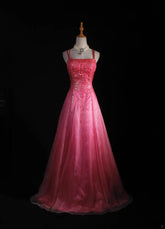 Vintage A line Spaghetti Straps Pink Backless Long Formal Old 1950s Prom Dresses Night Outfits Party Gowns AS231