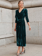 Florence Metallic Velvet Tie Waist Midi Dress - Emerald