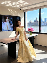 Simple Prom Dresses A Line Off The Shoulder Yellow Satin With Bow Long Formal Dress N3172