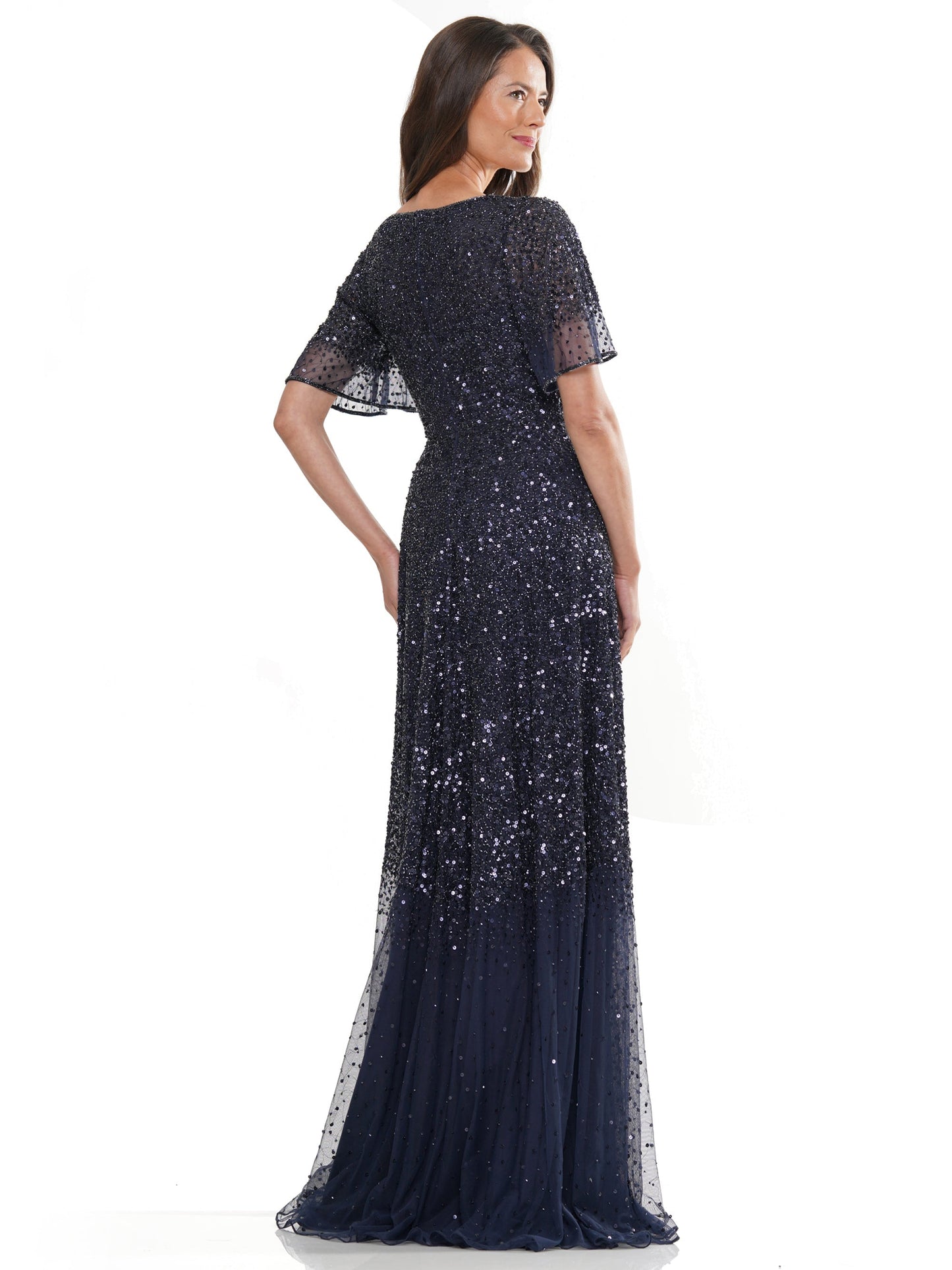 Long Beaded Formal Short Sleeve Dress by Marsoni MV1259