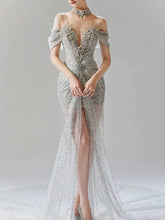 Vintage Silver Gray Mermaid Evening Dress Off The Shoulder Beaded Prom Dress Long Party Dress Birthday Outfits AB2314