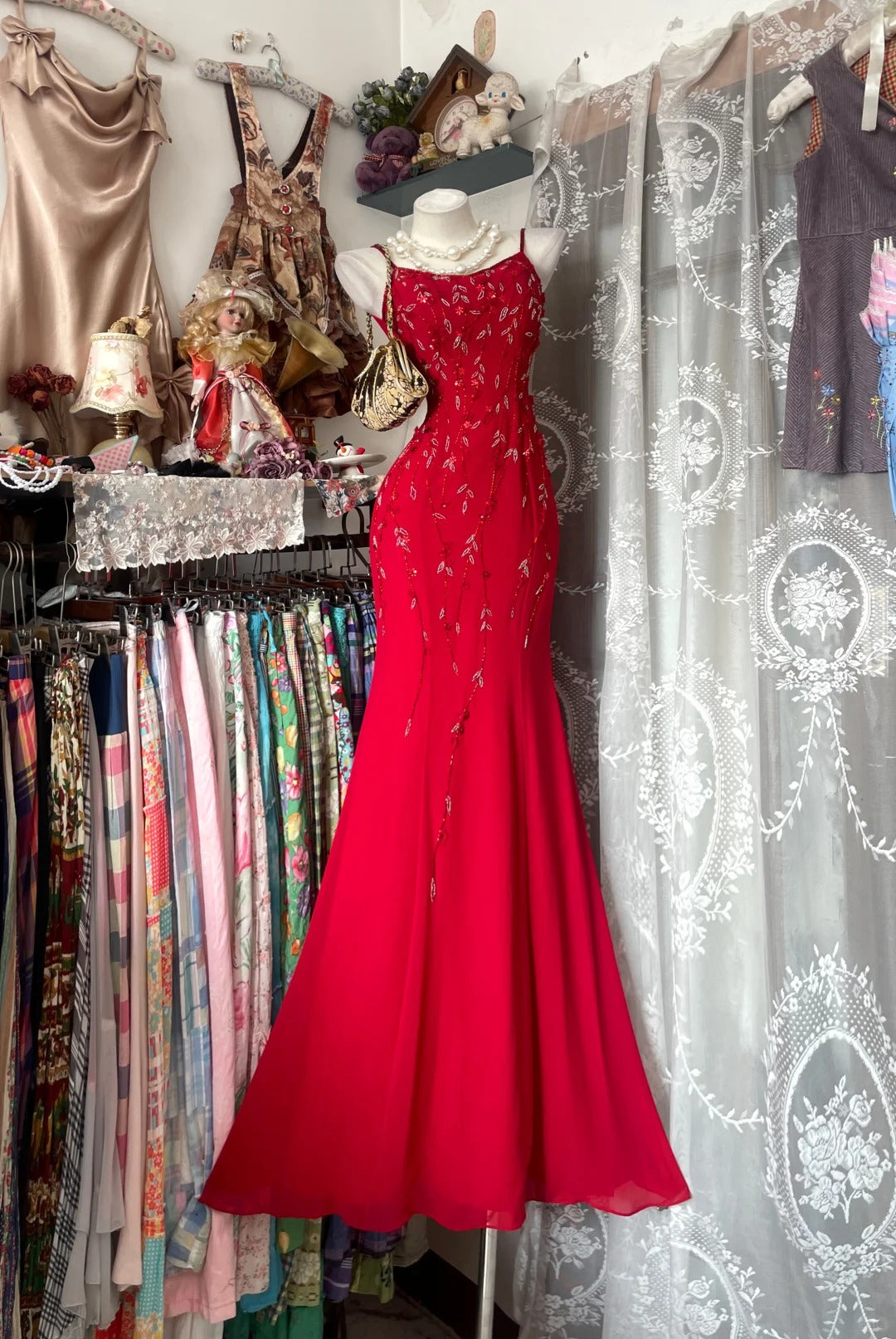 Modest Mermaid Spaghetti Straps 80s Red Chiffon Sleeveless Party Gowns Prom Dresses N1967
