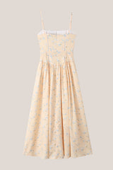 A -Line Square Neck Warm Rose Print Cotton Midi Dress in Yellow