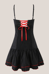 Appliqued Ruffled Sweetheart Cotton Mini Dress in Black