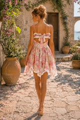 Asymmetric Warm Rose Print Cotton Mini Dress in Pink