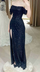 Chic Mermaid Off The Shoulder Navy Blue Sequins Slit With Pleated Short Sleeves Long Party Women Prom Dresses AB1898