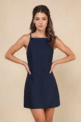 Boat Neck Sheath Matte Satin Mini Dress in Dark Navy