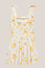 Bow A-Line Warm Rose Print Cotton Mini Dress in Yellow