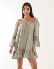 Lace Trim Elasticated Bardot Neck Tunic Dress