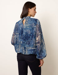 High Neck Paisley Print Puffball Top