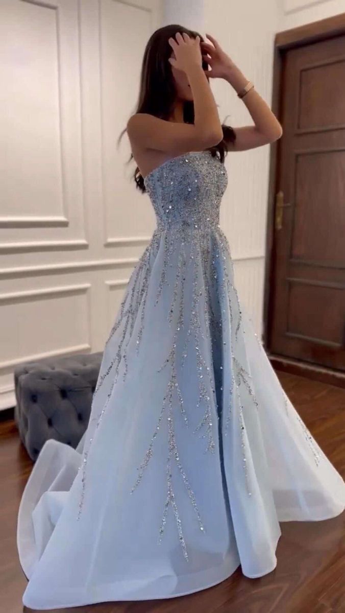 Chic A line Strapless Light Sky Blue Tulle Ruched Tops Prom Dress Inspo Women Long Formal Dance Evening Party Gowns AB1806