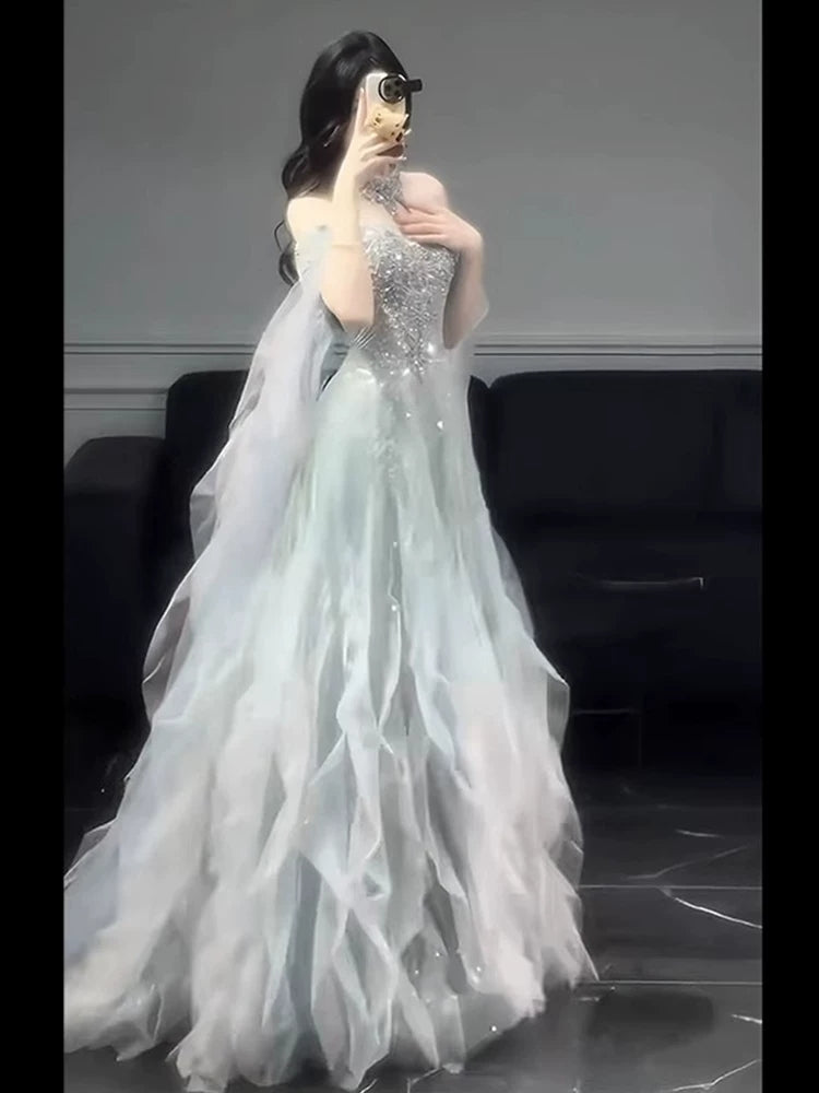 Glittery A line Off The Shoulder With Beads Sleeves Tiered Prom Dresses Inspiration Long Night Outfits 18th Birthday Outfits AB2224