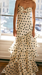 Strapless Mermaid Long Prom Dresses Dots Ruffle Sleeveless Party Dress AB1761