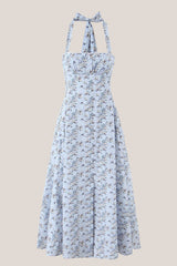 Halter Vintage Rose Printed A-Line Cotton Midi Dress in Blue