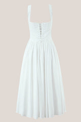 Lace Corset A-Line Cotton Midi Dress in White