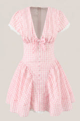 Pink Gingham Cotton A-Line Mini Dress