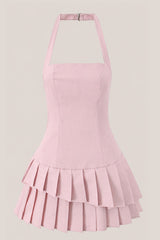 Pleated Halter A-Line Cotton Mini Dress in Pink
