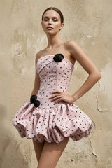 Polka Dot Mini Dress With Floral in Pink