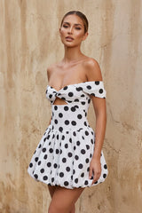 Polka Dot Off The Shoulder Bubble Mini Dress in White