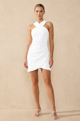 Ruched Halter Sleeveless Sheath Mini Dress in White