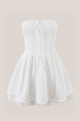 Ruffled A-Line Strapless Cotton Mini Dress in White