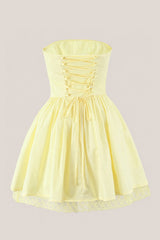Ruffled A-Line Strapless Cotton Mini Dress in Yellow