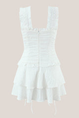 Ruffled Drawstring Pleated Warm White Square Neck Cotton Mini Dress in White
